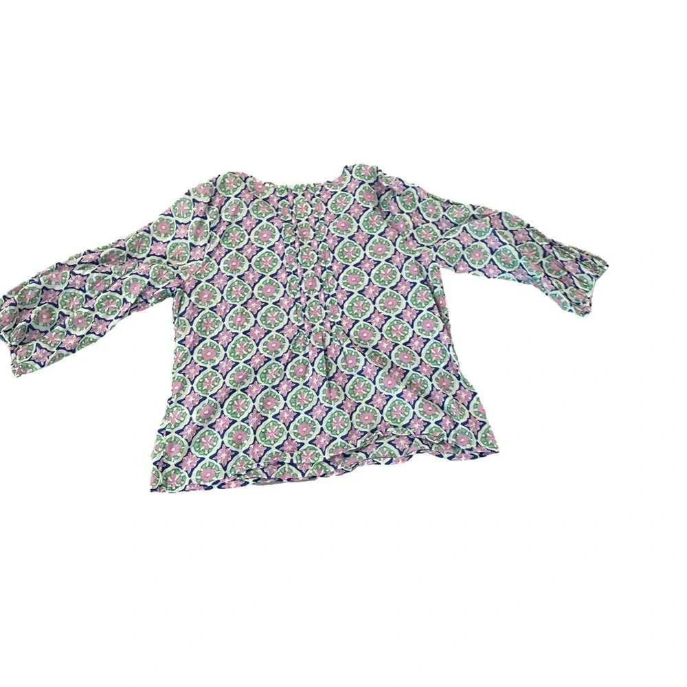 Talbots White Pink Floral Puff Sleeve Mandarin Collar Blouse